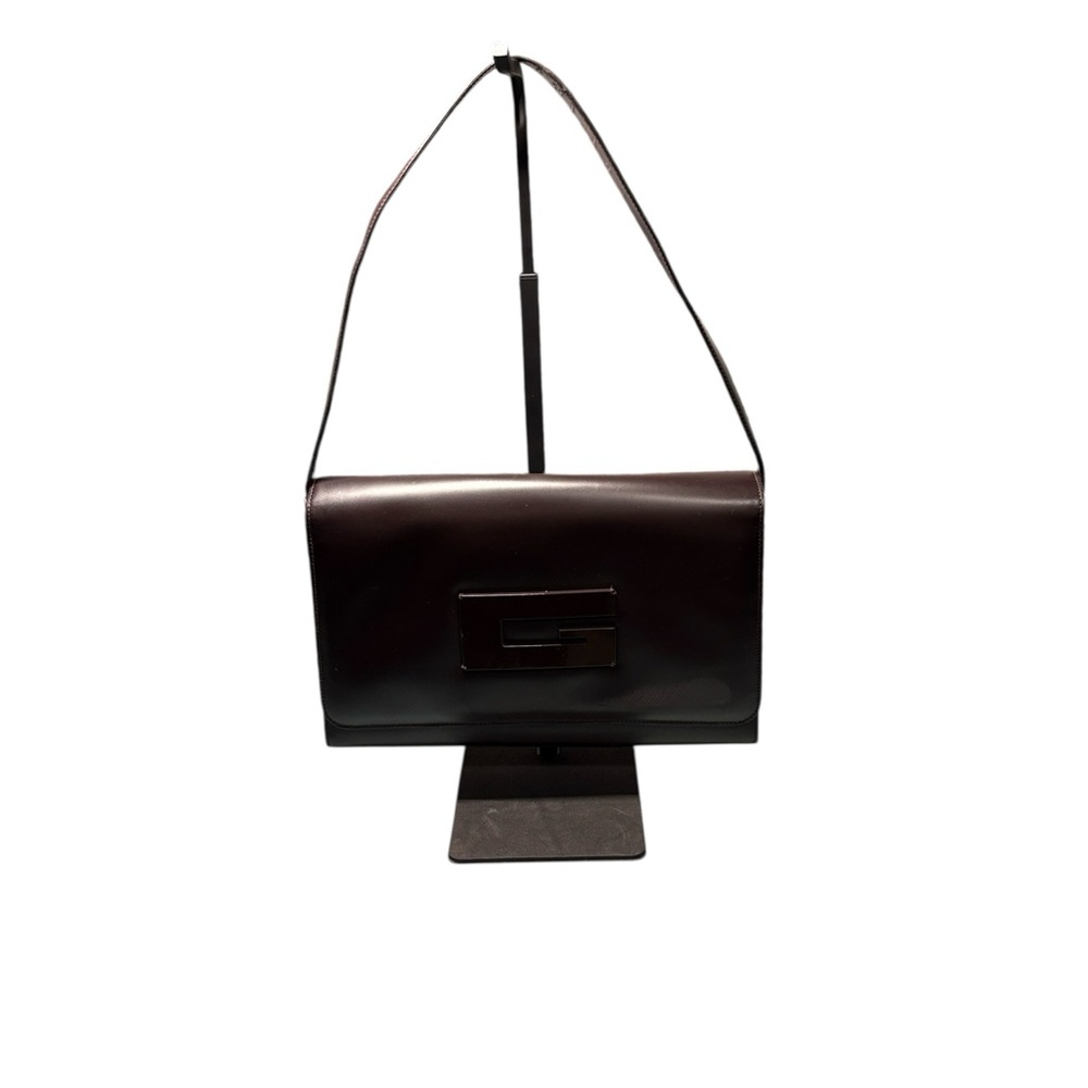 Gucci Vintage Brown Patent Leather G-Logo Baguette Shoulder Bag Tom Ford Era